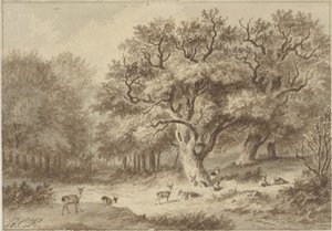 Skoglandskap med hjort av Barend Cornelis Koekkoek