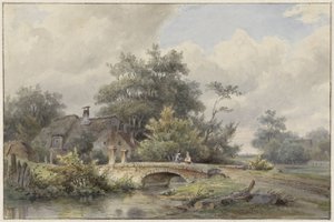 Landskap med en steinbro nær et hus av Barend Cornelis Koekkoek