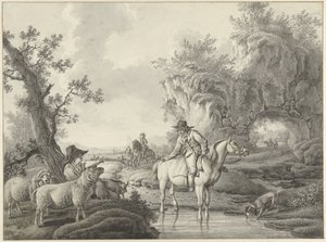 Landskap med en hyrde og en rytter ved et basseng av Barend Hendrik Thier