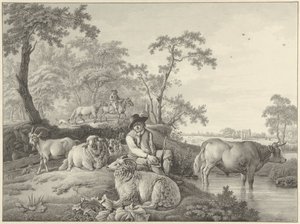 Hyrde med sauer, en geit og en ungokse i et landskap av Barend Hendrik Thier
