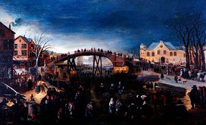 Et vinterlandskap med kunstløp og lek, ca. 1640-50 (olje på panel) av Barent (follower of) Avercamp