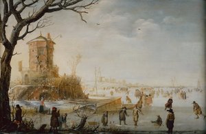 Vinterlandskap med skatere (olje på tre)