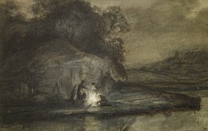 Nattlig landskap med en elv og hyrder (penn- og blekkvask med kroppsfarge på papir)