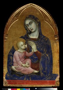 Jomfruen og Mariabarnet ammer Jesus Kristus som har et halskjede av koraller. Maleri på tre av Barnaba da Modena (kjent fra 1361 til 1383) Dim. 1,09x0,72 m Paris, Musée du Louvre.
