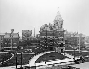 Cook County Hospital, ca. 1900, Chicago, Illinois, USA, ca. 1900 (s/hvitt-bilde)