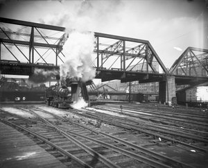 Pennsylvania Limited ankommer Union Station, Chicago, Illinois, USA, ca. 1900 (s/hvitt-bilde) av Barnes and Crosby