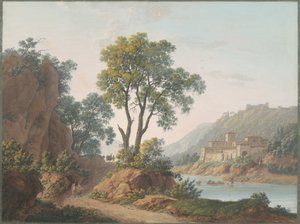 Elvelandskap med slott og reisende av Baron Louis Albert Guillain Bacler d