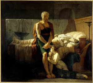 Tilbakekomsten til Marcus Sextus Marcus Sextus (imaginær figur), rømte fra Syllas forskrifter, funn ved hjemkomsten, datteren hans i tårer, nær sin døde kone - Maleri av Pierre Narcisse (Pierre-Narcisse) Guerin (1774-1833) 1799 Dim 2 ,17 x 2,43 m Paris