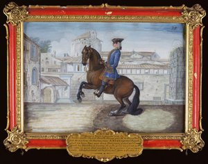 Nr. 35 En Barbary Bay-hest fra den spanske rideskolen som utfører en dressurbevegelse på Markusplassen, Firenze (wc på papir) av Baron Reis Eisenberg