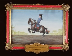 nr. 49 En hest fra den spanske rideskolen som utfører en dressurbevegelse kalt Ballotade (wc på papir) av Baron Reis Eisenberg