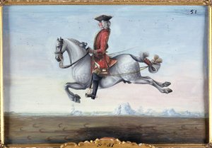 Nr. 51 En sprakket grå hest fra den spanske rideskolen som utfører en dressurbevegelse kalt en Capriole (wc på papir)