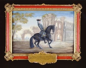 Nr. 52 Le Bienvenu, en dark bay hest fra den spanske rideskolen som utfører en dressurbevegelse (wc på papir) av Baron Reis Eisenberg