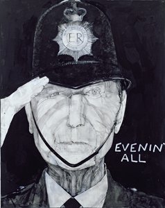 Portrett av Jack Warner som Dixon fra Dock Green, illustrasjon for The Listener, 1970-tallet (gouache om bord) av Barry Fantoni