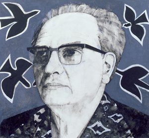 Portrett av Olivier Messiaen, illustrasjon for The Sunday Times, 1970-tallet (gouache om bord)