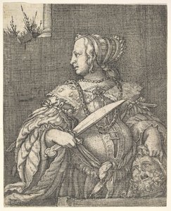 Judith, halvlang og i profil til venstre, et sverd i høyre hånd og hodet til Holo.... av Barthel Beham