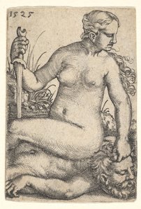 Judith, ser mot høyre, sittende naken på toppen av den døde kroppen til Holofernes, med en sving..., 1525.