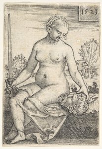 Judith, sittende naken med et sverd i høyre hånd, stirret ned på hodet til Holofernes ..., 1523.