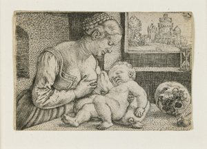 Mor og barn med hodeskalle og timeglass, ca. 1528-1530 av Barthel Beham