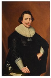 Portrett av en herre, trekvartlang, som holder en fjærpenn; av Bartholomeaus Sarburgh