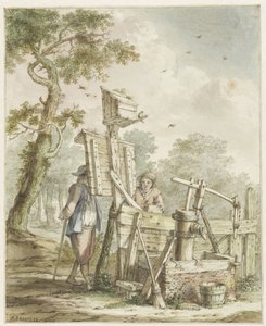 Landskap med to menn ved en reklametavle ved en vannpumpe av Bartholomeus Barbiers
