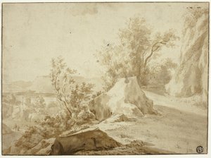Steiner og fjellstier, figurer og byer nedenfor av Bartholomeus Breenbergh