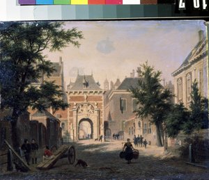 ""Utsikt over en nederlandsk by"" Gatebilde, en husmor kommer tilbake fra markedet, kurvene lastet. Maleri av Bartholomeus Johannes van Hove (1790-1880) Mikhail Kroshitsky kunstmuseum fra 1800-tallet, Sevastopol (Sevastopol) Ukraina