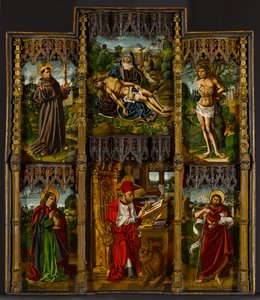 Bærbar altertavle: Pietà, de hellige Frans, Sebastian, Johannes evangelisten, Hieronymus og døperen Johannes, ca. 1500