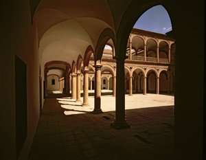 Utsikt over galleriet til sykehusets indre gårdsrom, tegnet av Bartolome Bustamante (ca. 1499–1570) (foto) av Bartolome de Bustamante