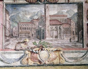 Soverom, detalj av frisen som viser byer under Medici-styret, Pistoia, freskomaleri fra 1564-75 av Bartolomeo Ammannati