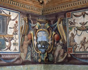 Sala del Granduca di Toscana-hallen til storhertugen av Toscana detalj av frisen som viser tegnene til dyrekretsen, neshornet, freske fra 1564-75