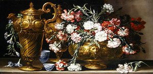Stilleben med rosa i etui og en florentinsk ær på en avsats (olje på lerret) av Bartolomeo Bimbi