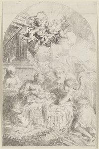 Kristusbarn tilbedt av tre engler av Bartolomeo Biscaino