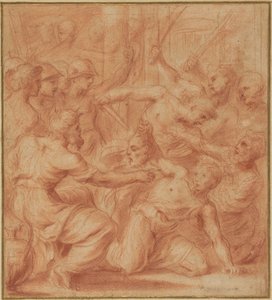 David bietet König Saul den Kopf Goliaths an av Bartolomeo Biscaino