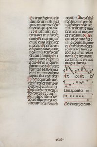 Missale: Fol. 128v: inneholder musikk for Hely Hely Lama etc. innenfor St. Mattion Passion, 1469. av Bartolomeo Caporali