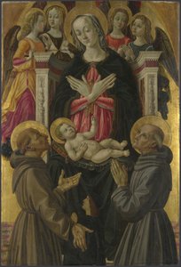 Jomfruen og barnet med hellige, engler og en giver fra altertavlen: Jomfruen og barnet med hellige, ca 1475