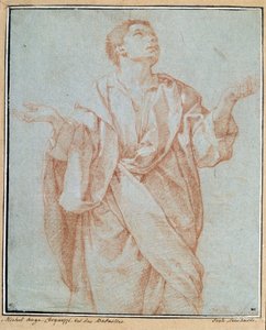 Man draperer, armene åpne, øynene hevet til himmelen, hodet vipper Tegning a la sanguine av Bartolomeo Cesi (1556-1620) Dim. 0,28 x 0,23 m Paris. Museet Louvre
