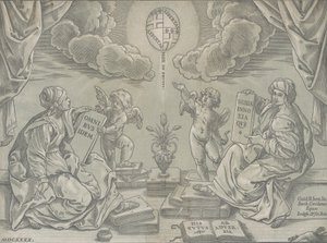 Allegori av en avhandling, to kvinner holder påskrevne tavler, 1640. av Bartolomeo Coriolano