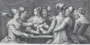 En gruppe elegant kledde mennesker som spiller kort, 1740-68