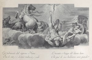 Plate 34: Auriga, vognføreren, faller fra vognen i midten, med tre hester ved l..., 1756