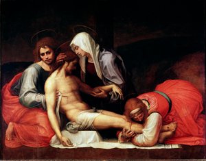 Deponeringsmaleri av Bartolomeo della Porta dit Fra Bartolomeo (1472-1517) Dim.158x199 cm Firenze, Palazzo Pitti, Galleria Palatina - Deponeringen, av Bartolomeo della Porta a.k.a. Fra Bartolomeo (1472-1517). Olje på tre