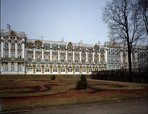 Utsikt over palasset Catherine (Tsarskoie Selo eller Tsarskoye Selo) realisert av arkitekten Bartolomeo Francesco Rastrelli (ca. 1700-1771) 1752-1756, Pushkin (Pushkin) Russland