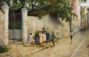 Ved fontenen, av Bartolomeo Giuliano (1825-1909), olje på lerret, 64,5x100 cm av Bartolomeo Giuliano
