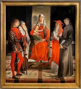 Tronet Madonna med spedbarnet Jesus blant de hellige Ansanus, Anthony den store, Hieronymus og Frans av Bartolomeo Montagna
