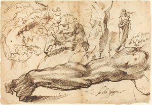 Studier av en venstre arm, en ung kvinne, en madonna og et barn, et ansikt i profil og nakenfigurer av Bartolomeo Passarotti