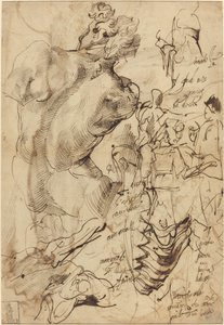 Studier av en skulptur av en naken mann, ryggvirvler og gestusende figurer av Bartolomeo Passarotti
