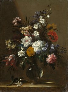En vase med blomster på et bord, ca. 1660-1670