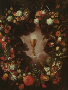Kalk omgitt av blomster og frukt av Bartolomeo Perez