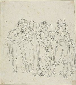 Brigandsjef holdt tilbake av en kvinne (rekto); Skisse for to figurer i et landskap (verso) av Bartolomeo Pinelli