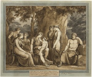 Calypso ser på Telemachus med Amor på kneet, mens mentor ser på i sinne, fra The Adventures of Telemachus, bok 7 av Bartolomeo Pinelli