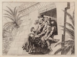Kleopatra og hennes følgesvenner løfter den døende Marcus Antonius inn i graven sin (etsing) av Bartolomeo Pinelli